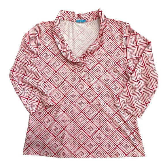 J. McLaughlin Pink White Diamond Print Ruffle Neck Top - Picture 4 of 13